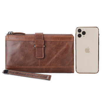 Дълъг мъжки кожен портфейл с RFID защита, кожа от първи слой телешка кожа, две сгъвки, райета