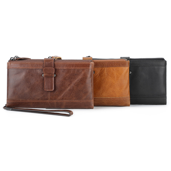 Дълъг мъжки кожен портфейл с RFID защита, кожа от първи слой телешка кожа, две сгъвки, райета