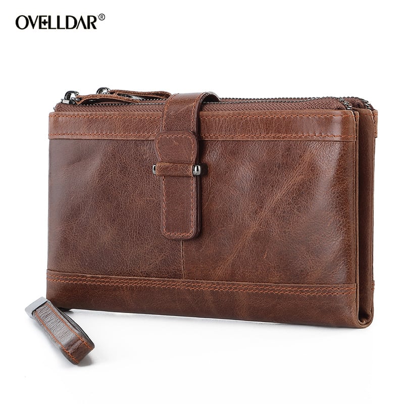 Дълъг мъжки кожен портфейл с RFID защита, кожа от първи слой телешка кожа, две сгъвки, райета