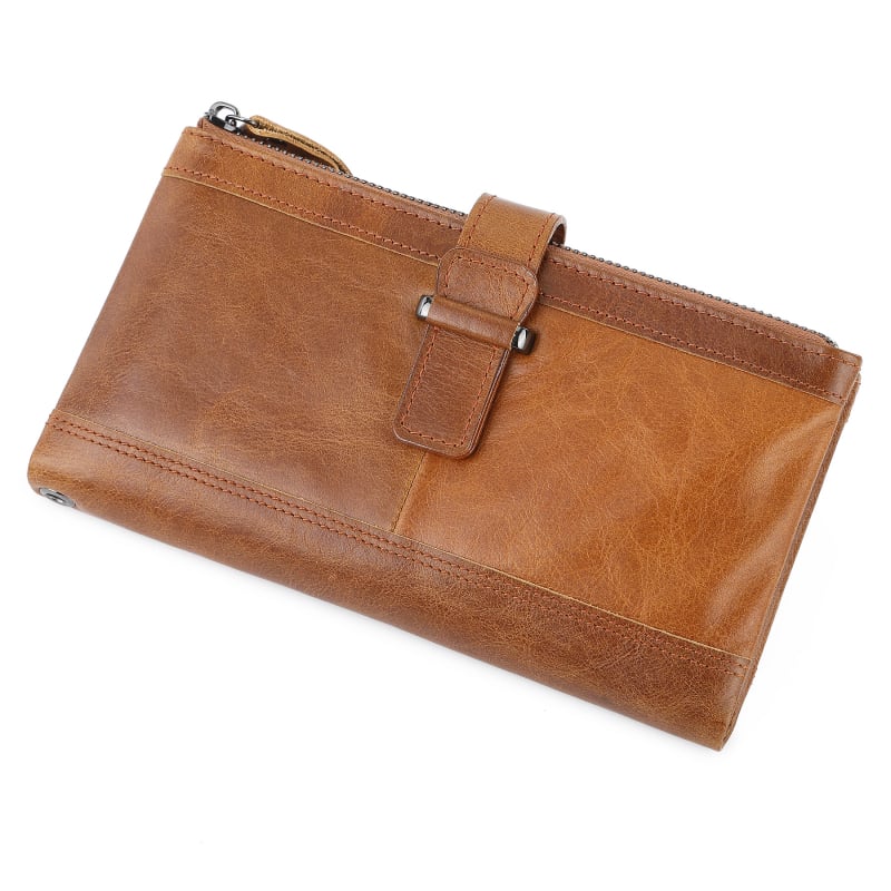 Дълъг мъжки кожен портфейл с RFID защита, кожа от първи слой телешка кожа, две сгъвки, райета