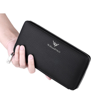 King Paul мъжки дълъг портфейл от кожа с цип – бизнес стил, едноцветен, анти-крадба функция, полиестерна облицовка