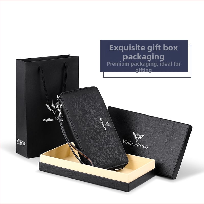 King Paul мъжки дълъг портфейл от кожа с цип – бизнес стил, едноцветен, анти-крадба функция, полиестерна облицовка