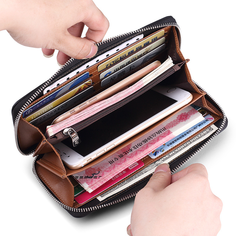 King Paul мъжки дълъг портфейл от кожа с цип – бизнес стил, едноцветен, анти-крадба функция, полиестерна облицовка