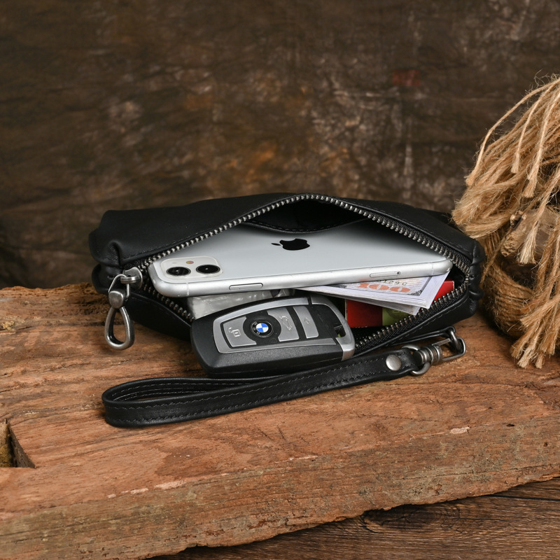 Férfi valódi bőrből készült klutch pénztárca S007, felső réteg marhabőrből, cipzáras zárás, rekeszek kártyáknak, nagy bankjegy-klip és zsebet a telefon számára (tartja 6,7 hüvelykes telefonokat)