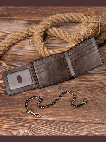 Портфейл от естествена кожа с три отделения, RFID защита и верижка против кражби, множество отделения за карти, кожа от горния слой
