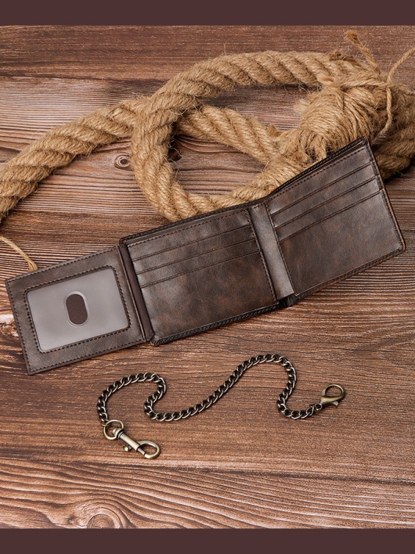 Kožni novčanik s tri preklopa, RFID zaštita i lanac protiv krađe, više pretinaca za kartice, koža gornjeg sloja