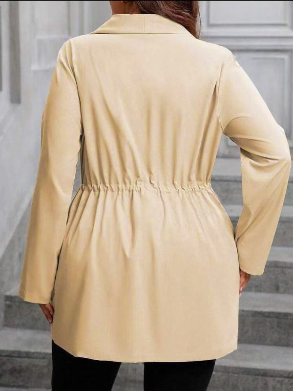 Női galléros kardigán dzseki, hosszú ujjú, derekán húzó zsinórral, poliészter-elasztán anyag, hosszú szabás