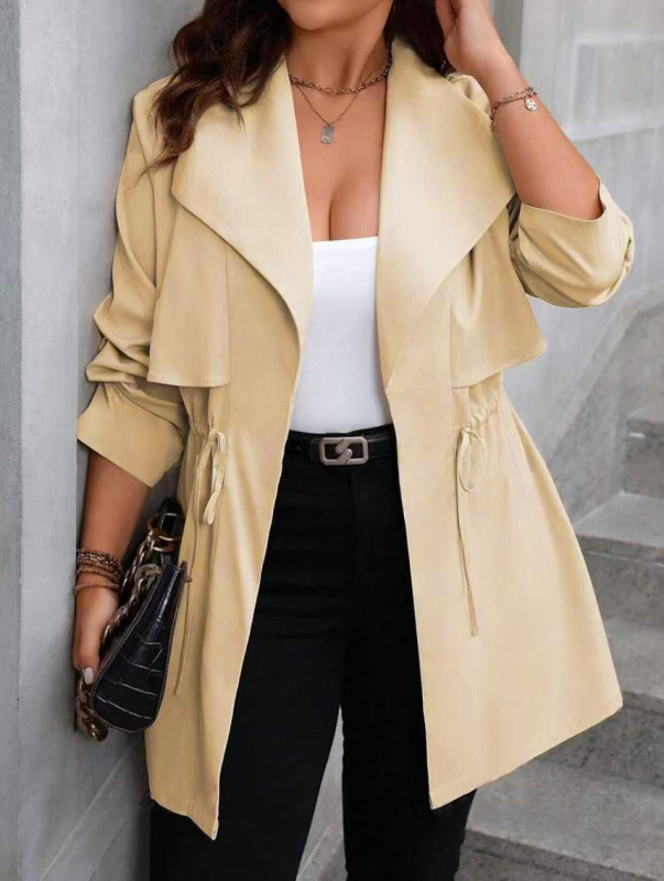 Női galléros kardigán dzseki, hosszú ujjú, derekán húzó zsinórral, poliészter-elasztán anyag, hosszú szabás