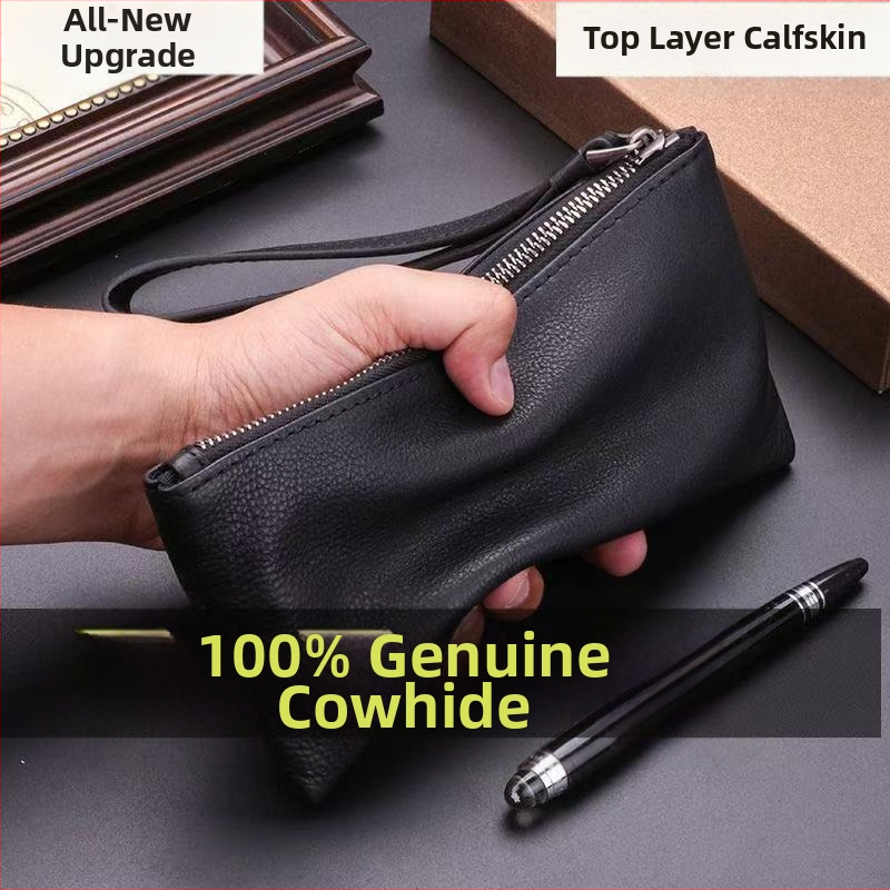Férfi clutch táska valódi bőrből, első réteg marhabőrből, üzleti utazásokhoz, lopás elleni védelem és kopásállóság.