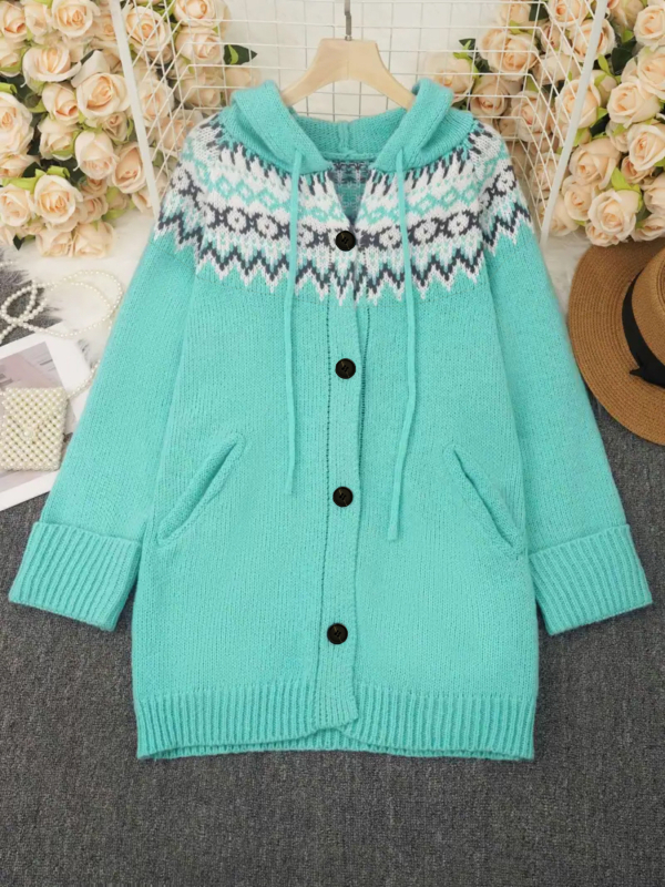 Cardigan elegant cu model geometric, material poliester, mâneci raglan, guler deschis, lungime medie