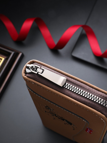 Мъжки PU кожен портфейл с цип, портфейл за карти с животински принт и монетник, полиестрова подплата, издание пролет 2025 г., за ежедневна употреба