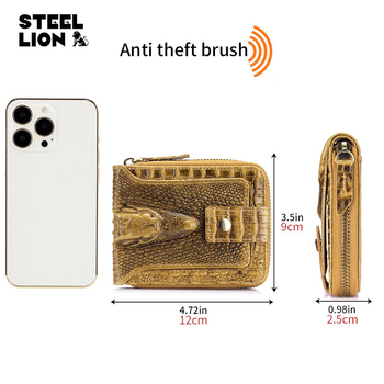 Мъжки кожен портфейл с крокодилски модел, първи слой телешка кожа, цип, множество слотове за карти, подплата от полиестер, защита срещу кражба