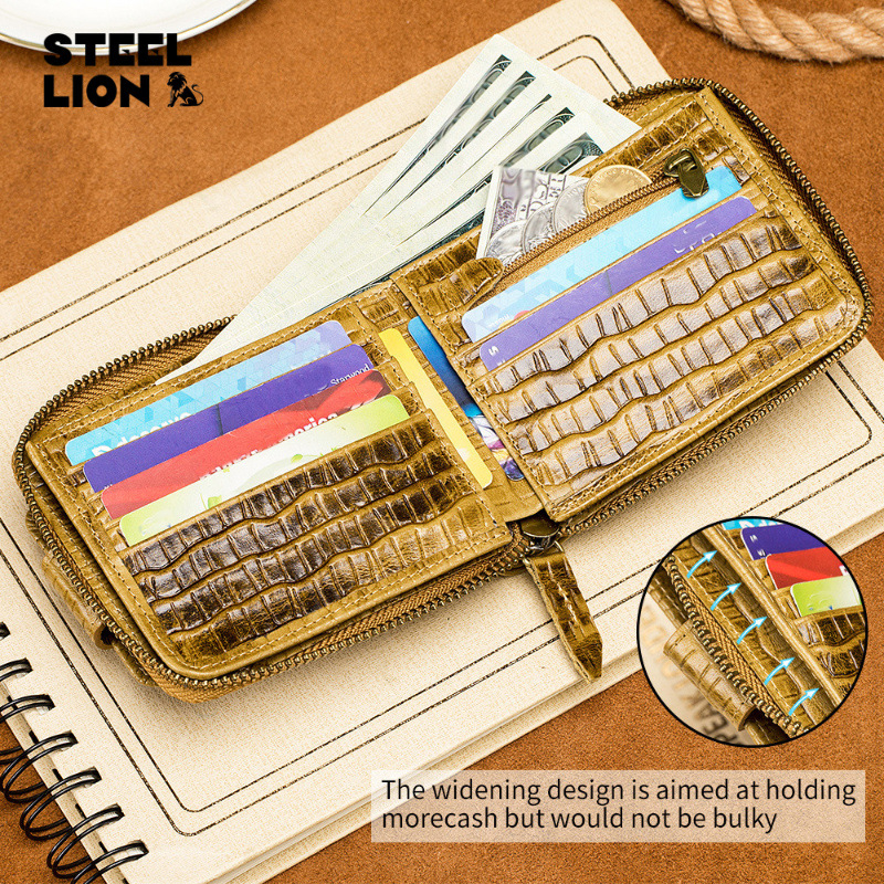 Muški kožni novčanik s uzorkom krokodila, od prvog sloja kože, sa zatvaračem, više džepova za kartice, podstava od poliestera, zaštita od krađe