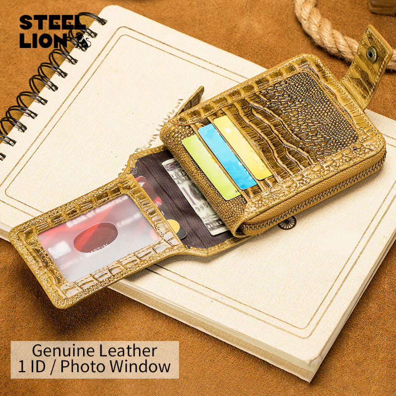 Muški kožni novčanik s uzorkom krokodila, od prvog sloja kože, sa zatvaračem, više džepova za kartice, podstava od poliestera, zaštita od krađe