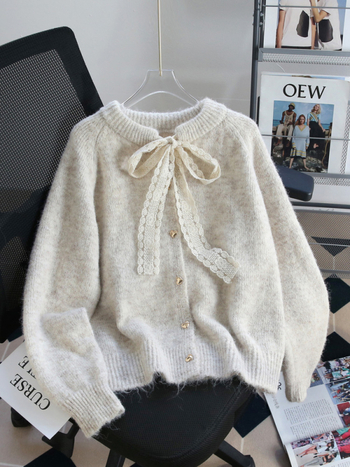 Дебел плетен кардиган със поло яка, раглан ръкави, пуловер стил