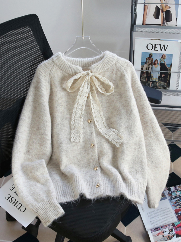 Дебел плетен кардиган със поло яка, раглан ръкави, пуловер стил