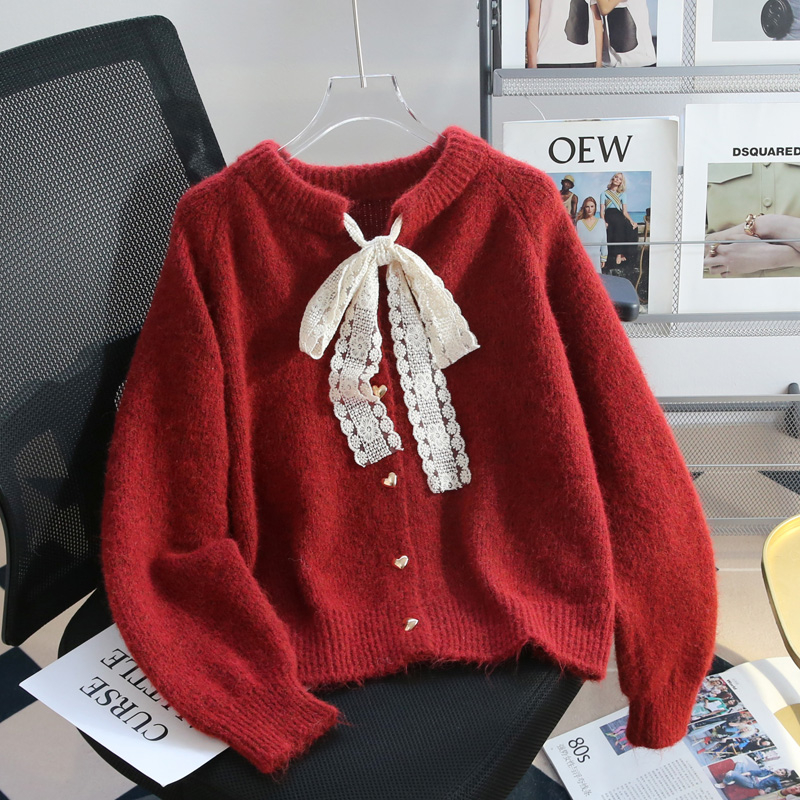 Дебел плетен кардиган със поло яка, раглан ръкави, пуловер стил