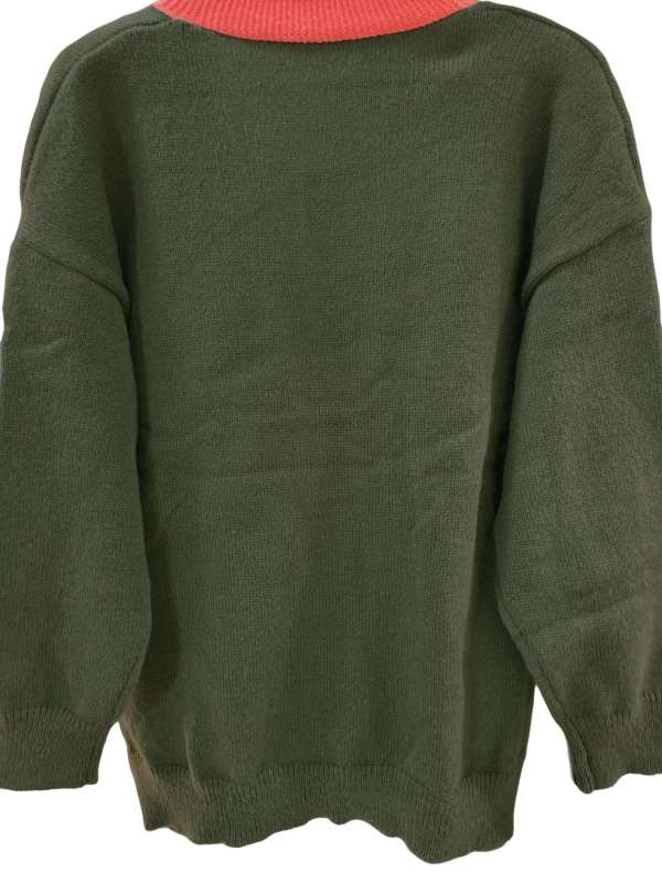 Cardigan tricotat din poliester, design color-block, croială lejeră, mâneci lungi, lungime medie 65–80 cm