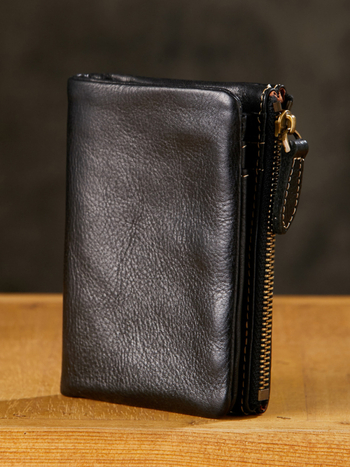 Ръчно изработен мъжки портфейл от естествена кожа, вертикален формат, с цип, дизайн 2 сгъвания, памучна подплата