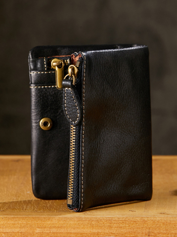 Ръчно изработен мъжки портфейл от естествена кожа, вертикален формат, с цип, дизайн 2 сгъвания, памучна подплата