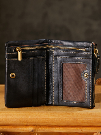 Ръчно изработен мъжки портфейл от естествена кожа, вертикален формат, с цип, дизайн 2 сгъвания, памучна подплата