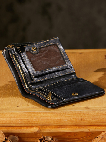 Ръчно изработен мъжки портфейл от естествена кожа, вертикален формат, с цип, дизайн 2 сгъвания, памучна подплата