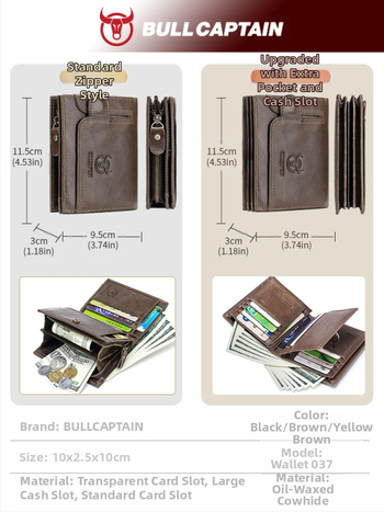 Мъжки кожен портфейл за шофьорска книжка и карти, двукрилен дизайн, монетник и джоб за снимки — кожа от първи слой, истинска кожа