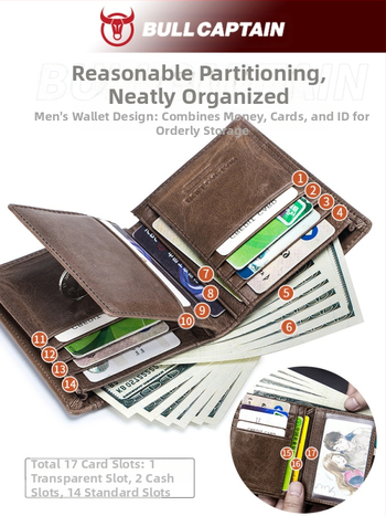 Мъжки кожен портфейл за шофьорска книжка и карти, двукрилен дизайн, монетник и джоб за снимки — кожа от първи слой, истинска кожа