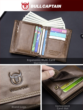 Мъжки кожен портфейл за шофьорска книжка и карти, двукрилен дизайн, монетник и джоб за снимки — кожа от първи слой, истинска кожа