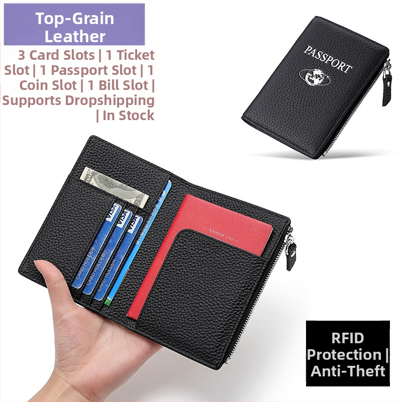 Pasų ir asmens tapatybės laikiklis iš natūralios odos su RFID apsauga – Liči grūdų tekstūra, pirmosios kartos karvės odos, ultra lengvas, atsparus dėvėjimuluii