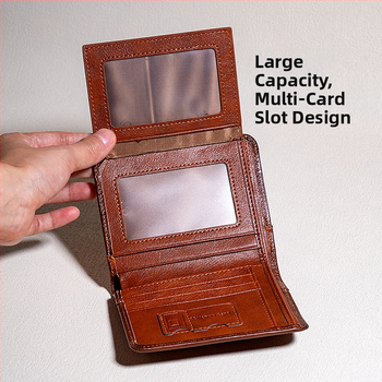 Мъжки портфейл от естествена кожа, първи слой телешка кожа, компактен трипореден дизайн с джобове за карти, подплата от полиестер