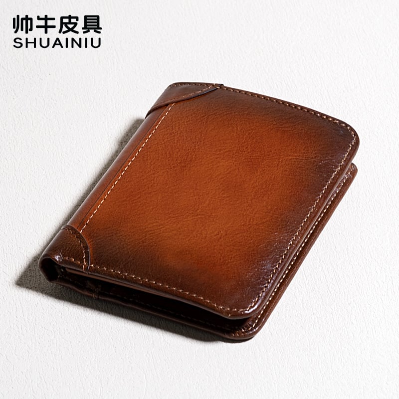Мъжки портфейл от естествена кожа, първи слой телешка кожа, компактен трипореден дизайн с джобове за карти, подплата от полиестер