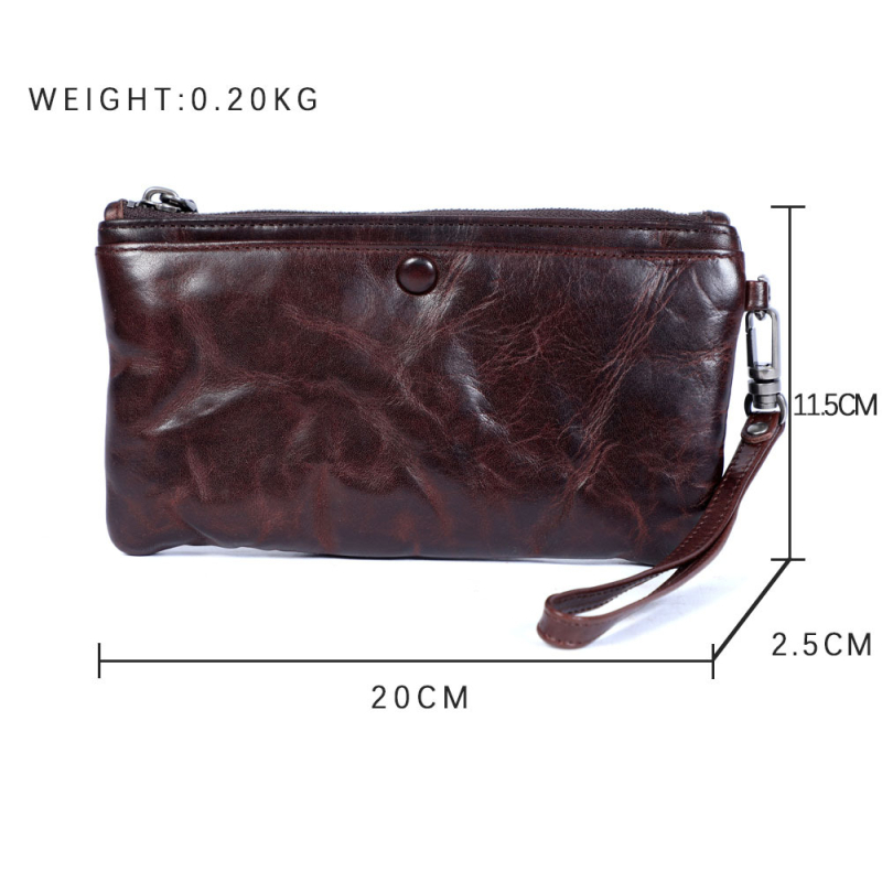 Vīriešu klutch maciņš no augstākās kvalitātes ādas – augšējā slāņa liellā āda; horizontāla kvadrāta forma; rāvējslēdzējs; iekšējā organizācija: tālruņa kabata, ID kabata, kartes kabatas, banknošu kabata