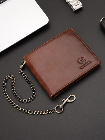 Портфейл за карти от естествена кожа с метална верига, 1-fold, защита срещу кражба, HUMERPAUL