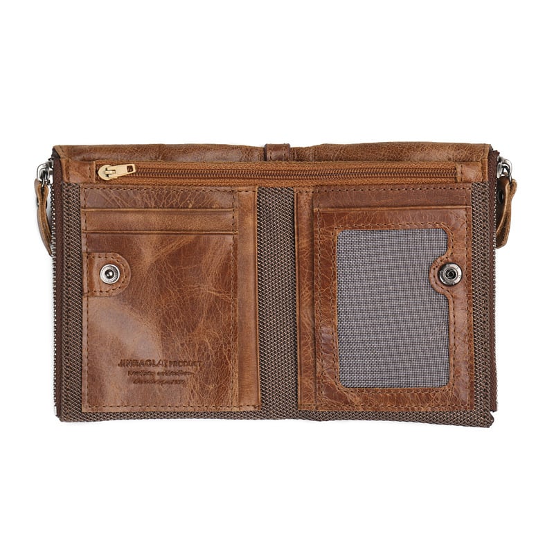 JINBAOLAI Férfi pénztárca valódi bőrből, dupla cipzárral, vintage stílus, aprópénztartó