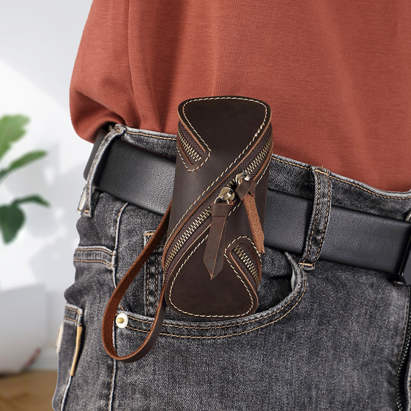 Pánska opasková taška z kože Crazy Horse na kľúče a karty so zipsom, bez podšívky, inšpirovaná vintage štýlom