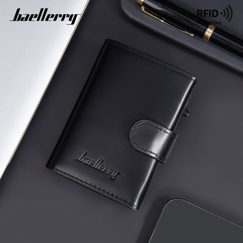 Baellerry RFID apsauga kortelių laikiklis iš PU medžiagos, šoninis ištraukiamų kortelių mechanizmas, kelių kortelių skyrius ir užtrauktukų kišenė monetoms