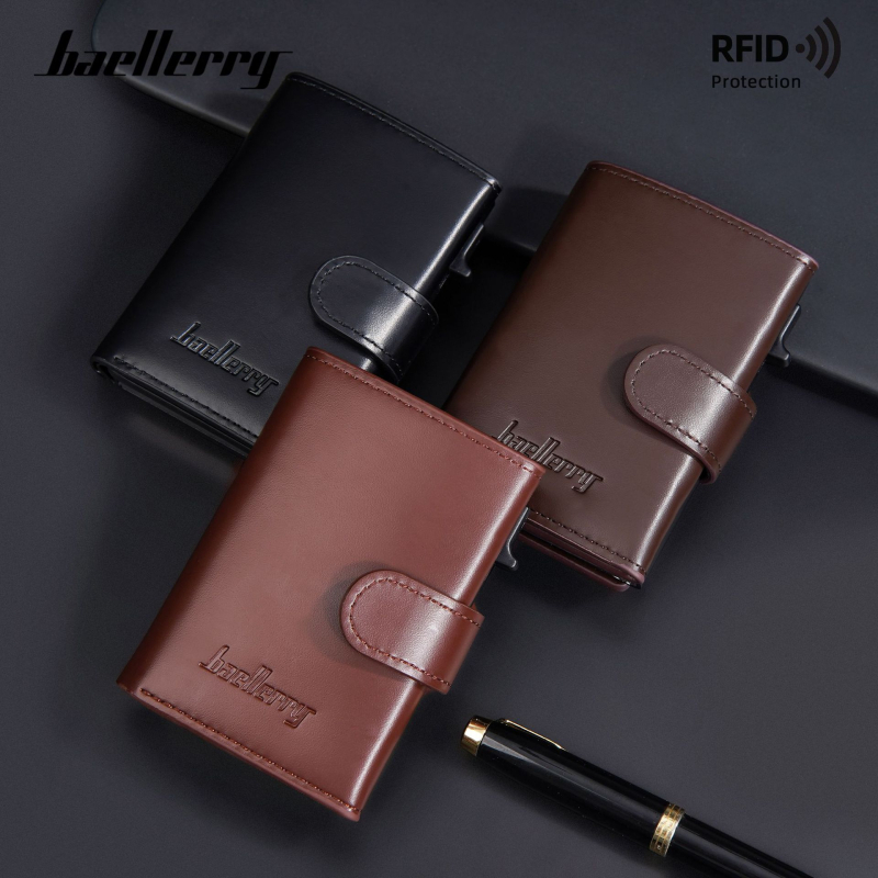 Baellerry RFID apsauga kortelių laikiklis iš PU medžiagos, šoninis ištraukiamų kortelių mechanizmas, kelių kortelių skyrius ir užtrauktukų kišenė monetoms