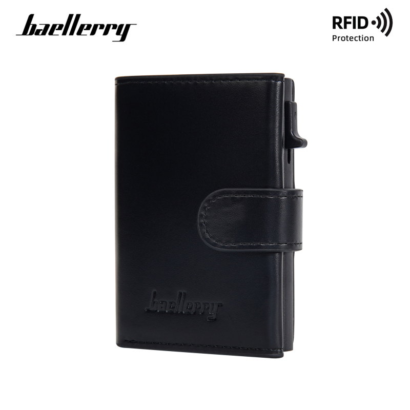Baellerry RFID apsauga kortelių laikiklis iš PU medžiagos, šoninis ištraukiamų kortelių mechanizmas, kelių kortelių skyrius ir užtrauktukų kišenė monetoms