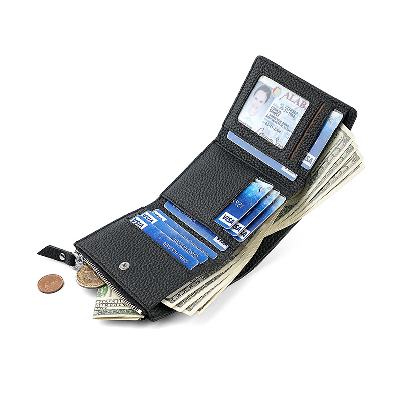 Kortelių dėklas iš tikros odos su užtrauktuku, ultra plonas, unisex, pirmosios karvės odos sluoksnis, pamušalas poliesteris