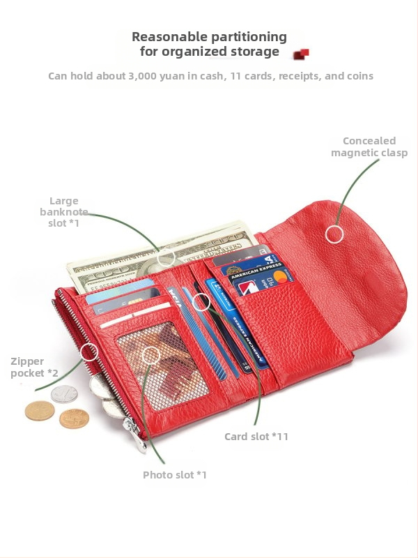 Marute ženski novčanik od prave kože – prvi sloj goveđe kože, otporan na habanje, Stil: osvježavajući i sladak, podstava poliester-pamučna