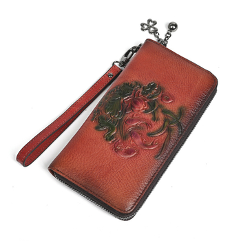 Дълъг портфейл от естествена кожа Paulson, флорален модел, кожа от първи слой, подплата полиестер, портфейл с цип и множество отделения за карти, издание 2025