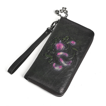 Дълъг портфейл от естествена кожа Paulson, флорален модел, кожа от първи слой, подплата полиестер, портфейл с цип и множество отделения за карти, издание 2025