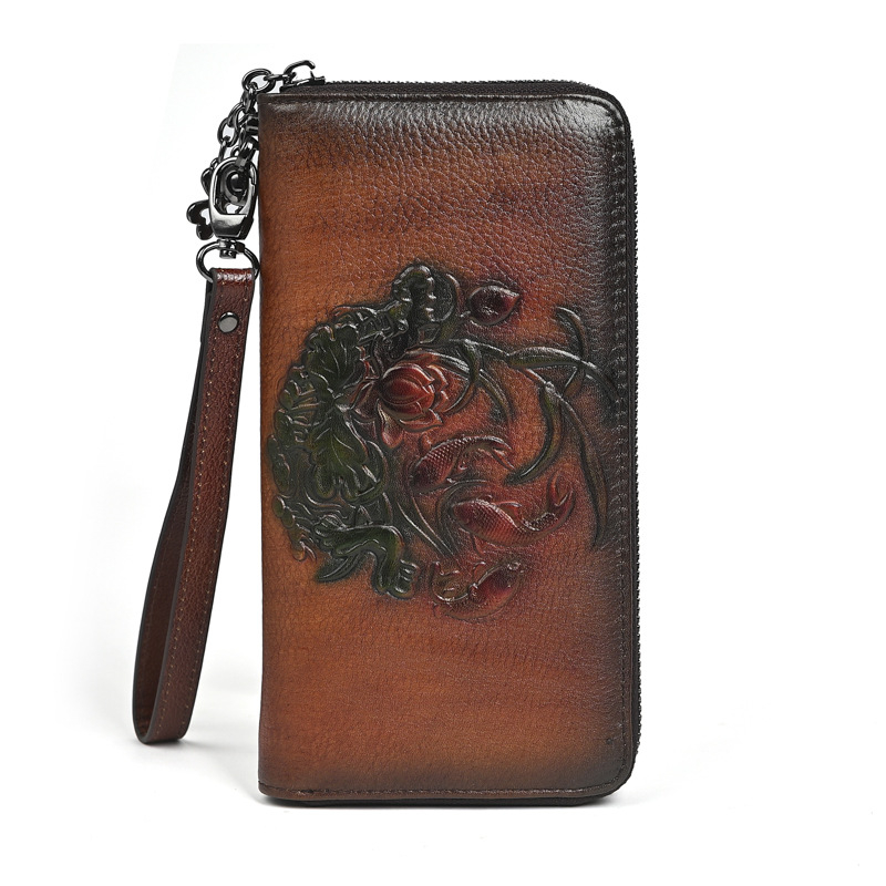 Дълъг портфейл от естествена кожа Paulson, флорален модел, кожа от първи слой, подплата полиестер, портфейл с цип и множество отделения за карти, издание 2025