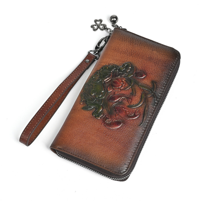 Дълъг портфейл от естествена кожа Paulson, флорален модел, кожа от първи слой, подплата полиестер, портфейл с цип и множество отделения за карти, издание 2025