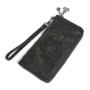 Hosszú pénztárca relieft etnikus mintával, Paulson, valódi bőr, poliészter bélés, nőknek és férfiaknak, nagy kapacitású telefon-táska