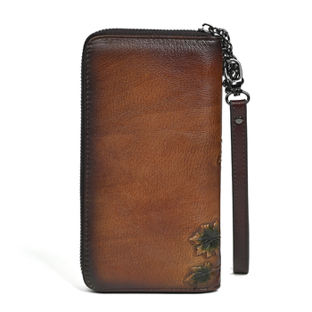 Hosszú pénztárca relieft etnikus mintával, Paulson, valódi bőr, poliészter bélés, nőknek és férfiaknak, nagy kapacitású telefon-táska