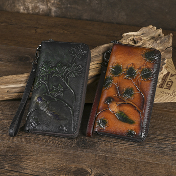 Hosszú pénztárca relieft etnikus mintával, Paulson, valódi bőr, poliészter bélés, nőknek és férfiaknak, nagy kapacitású telefon-táska