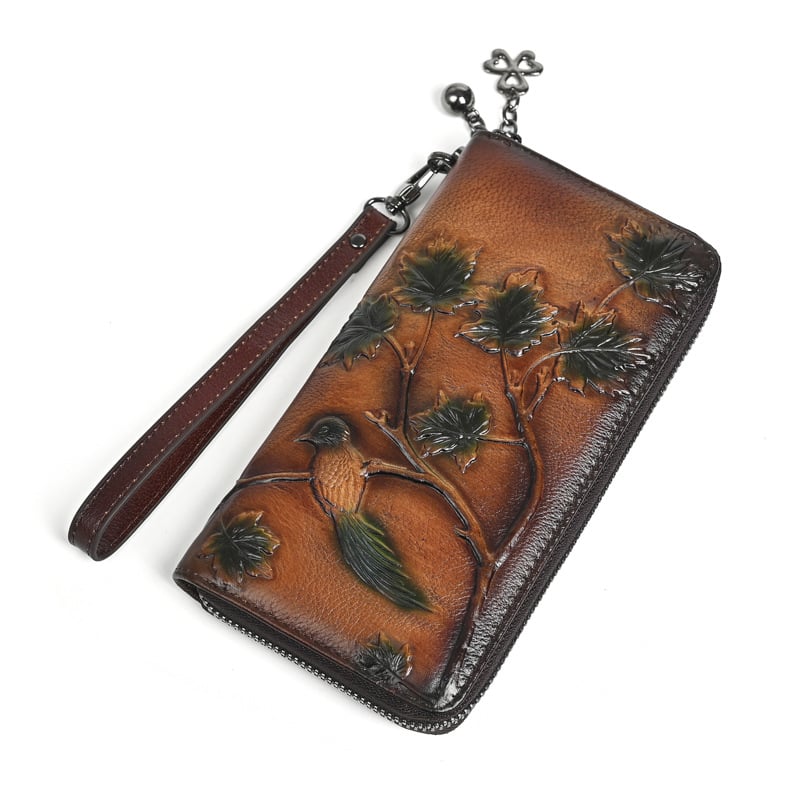 Hosszú pénztárca relieft etnikus mintával, Paulson, valódi bőr, poliészter bélés, nőknek és férfiaknak, nagy kapacitású telefon-táska