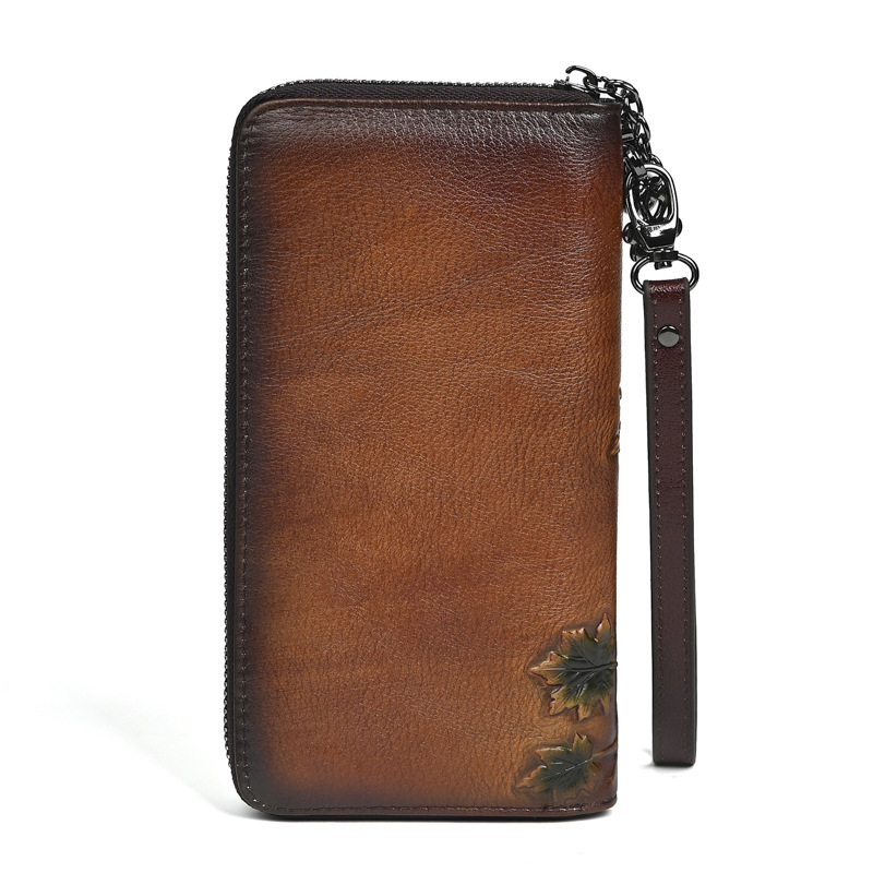 Hosszú pénztárca relieft etnikus mintával, Paulson, valódi bőr, poliészter bélés, nőknek és férfiaknak, nagy kapacitású telefon-táska